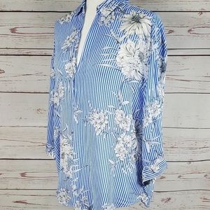 Zara • stripe floral flower blue white blouse $69